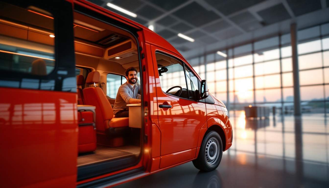 A photograph of a spacious and comfortable van with a friendly driver welcoming passengers at kuala lumpur international airport