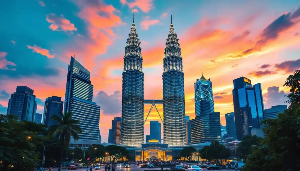 A photograph of capture a photograph of the iconic petronas twin towers at sunset