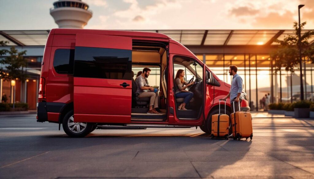 A photograph of capture a photograph of a spacious and comfortable airport van parked in front of kuala lumpur international airport (klia)