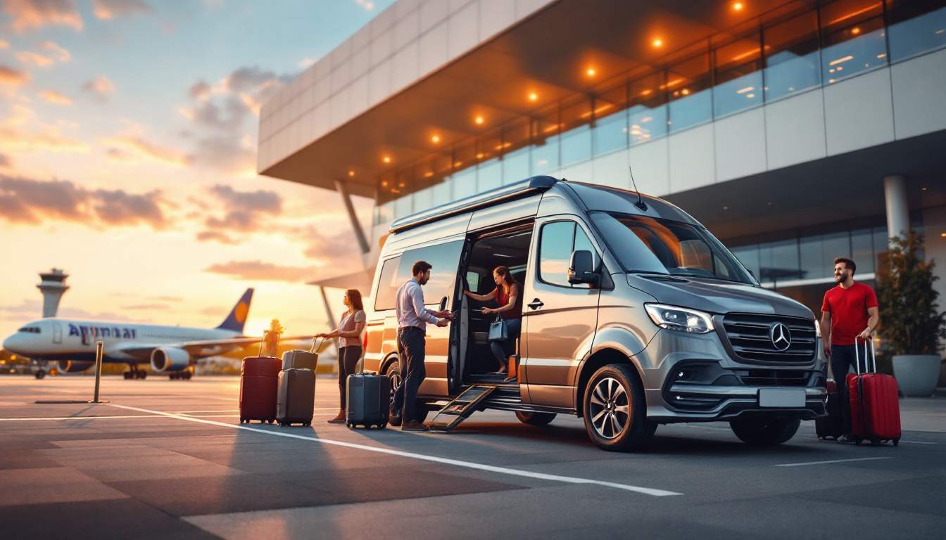 A photograph of a sleek and spacious van parked outside kuala lumpur international airport (klia)