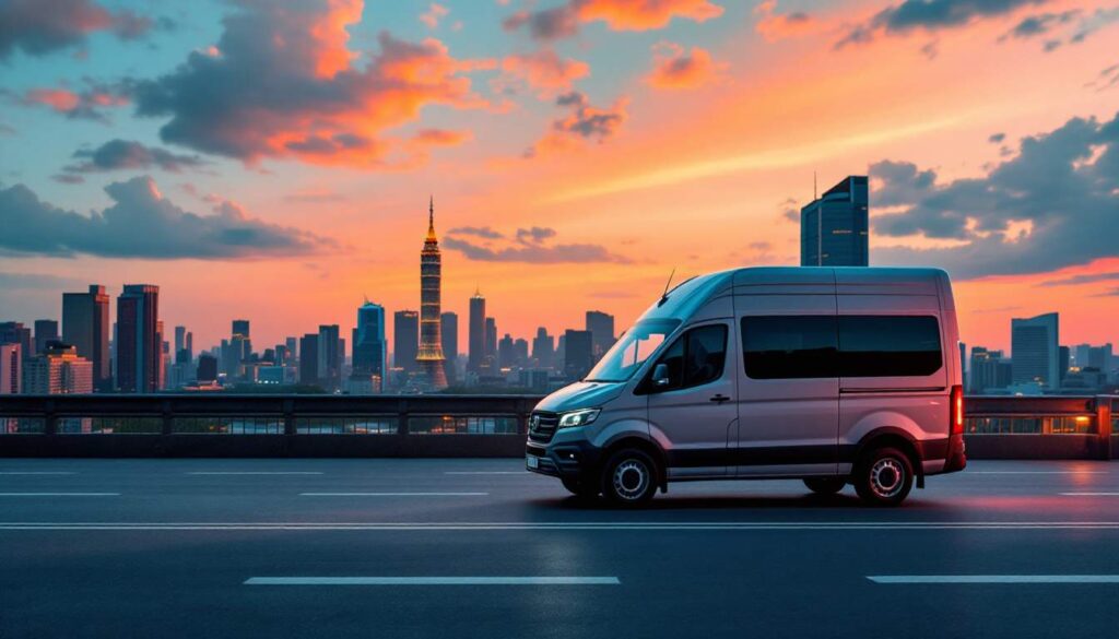 A photograph of a spacious and modern van parked in a scenic kuala lumpur city backdrop