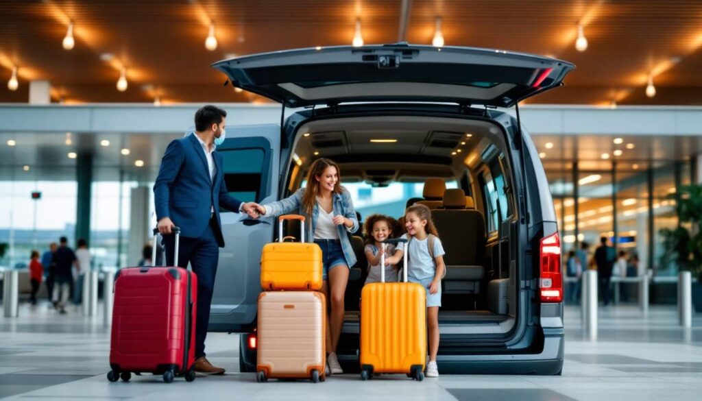 A photograph of a cheerful family loading their luggage into a spacious