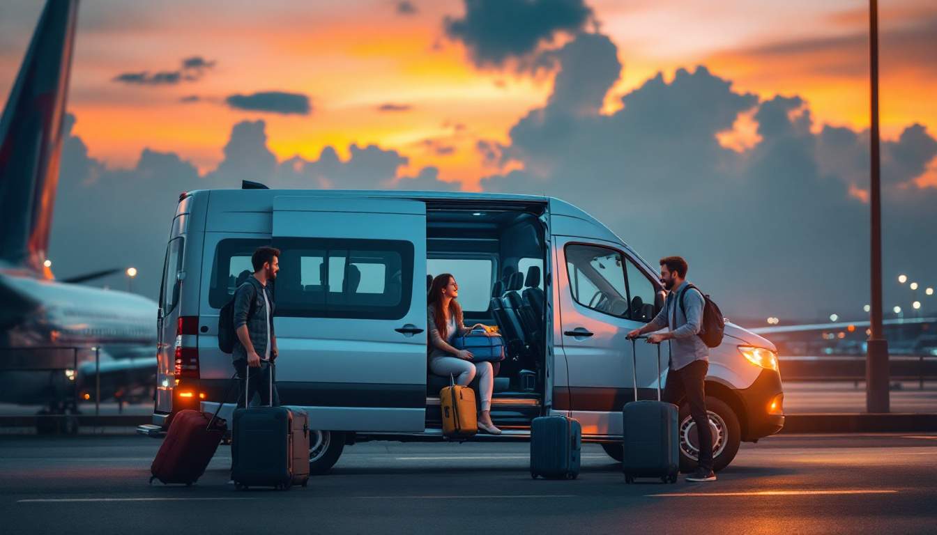 A photograph of a spacious and comfortable van parked at klia with a scenic backdrop of the airport