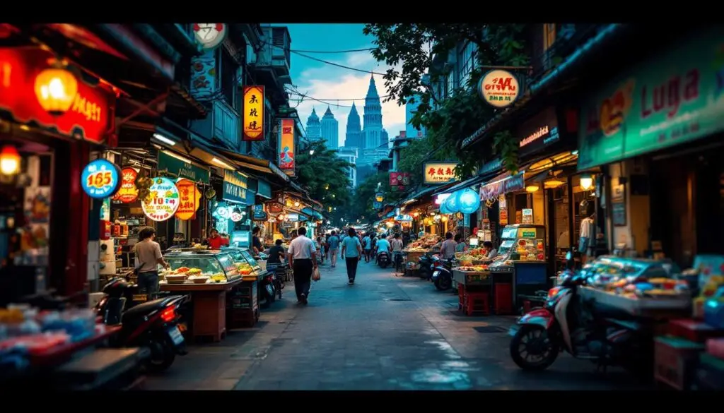 A photograph of a vibrant street scene in malaysia that showcases a mix of traditional markets