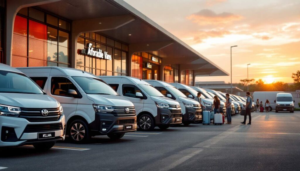 A photograph of a diverse lineup of affordable vans parked outside klia airport