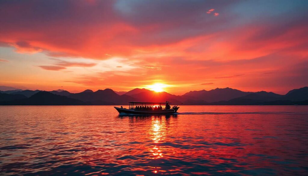 A photograph of capture a photograph of a vibrant sunset over the tranquil waters of langkawi