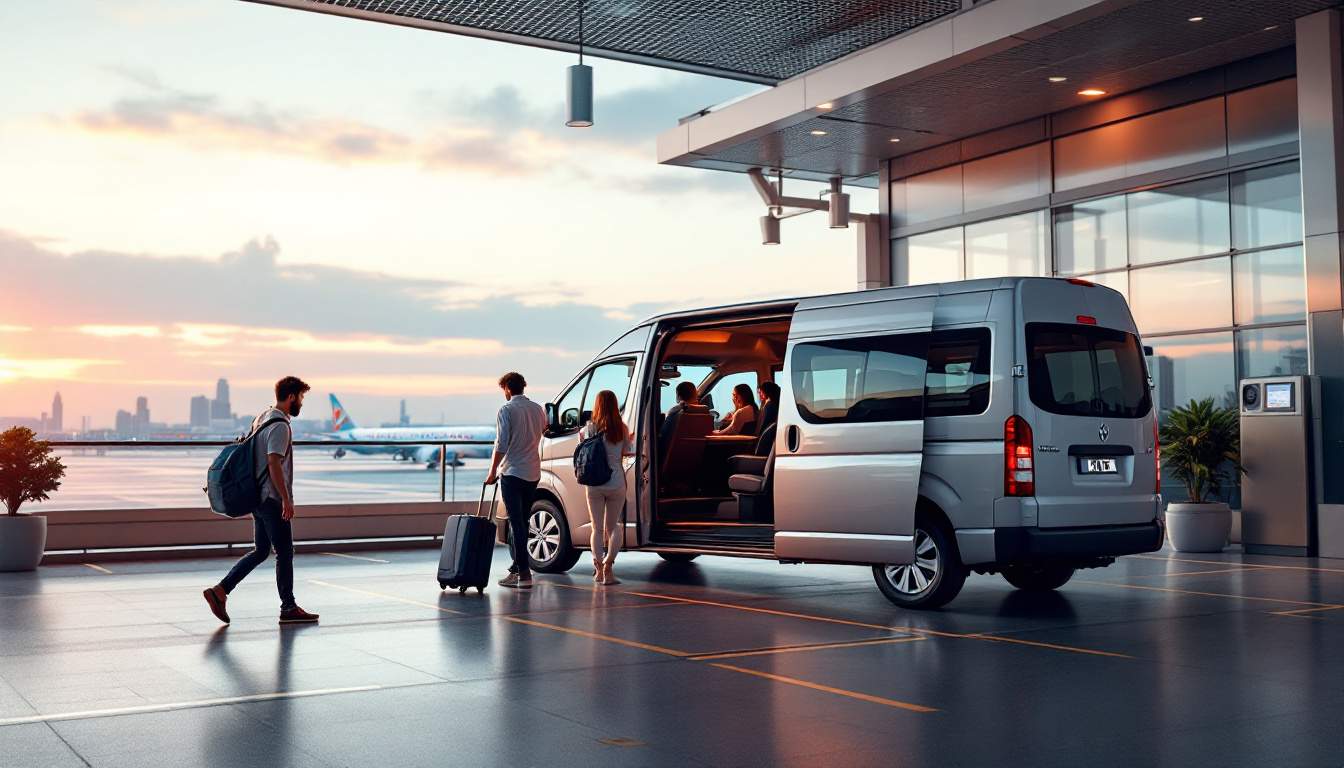 A photograph of a spacious 7-seater van parked at the kuala lumpur international airport (klia)