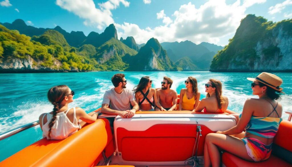 A photograph of a vibrant scene of tourists enjoying the exhilarating experience of island hopping on a shared speedboat