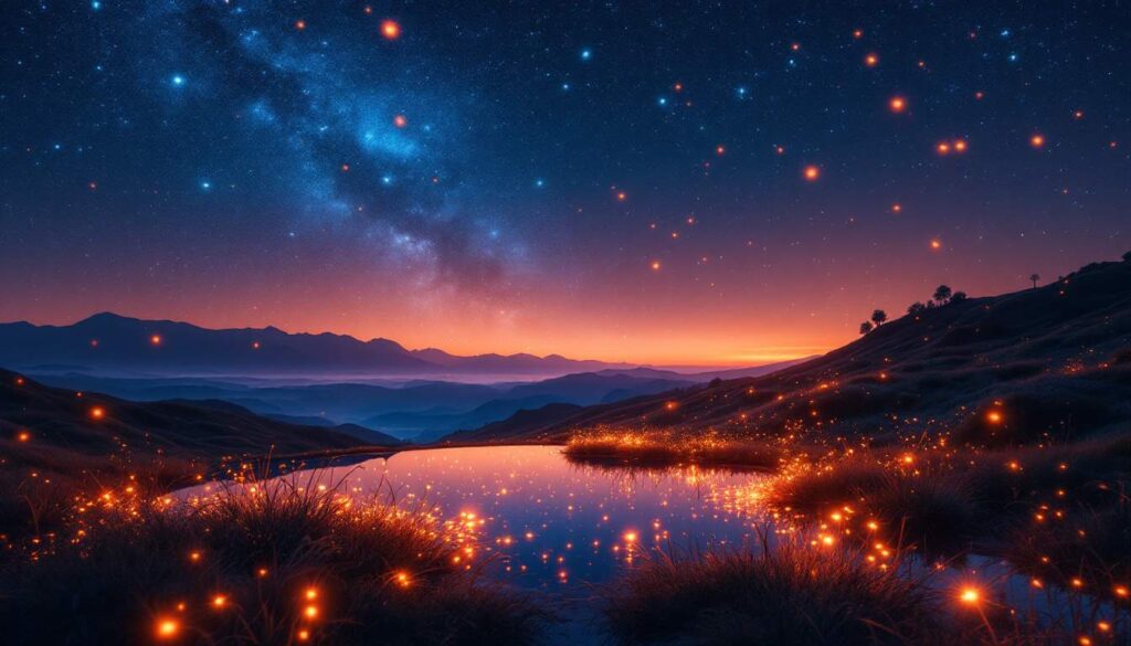 A photograph of capture a photograph of the ethereal glow of fireflies illuminating a serene landscape under a starlit sky