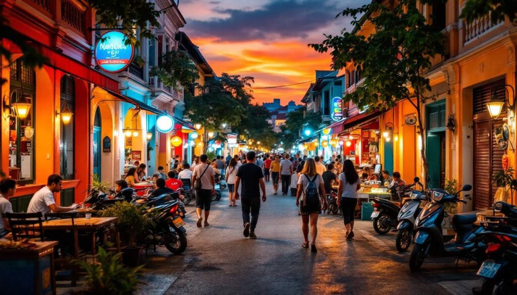 A photograph of a vibrant street scene in melaka