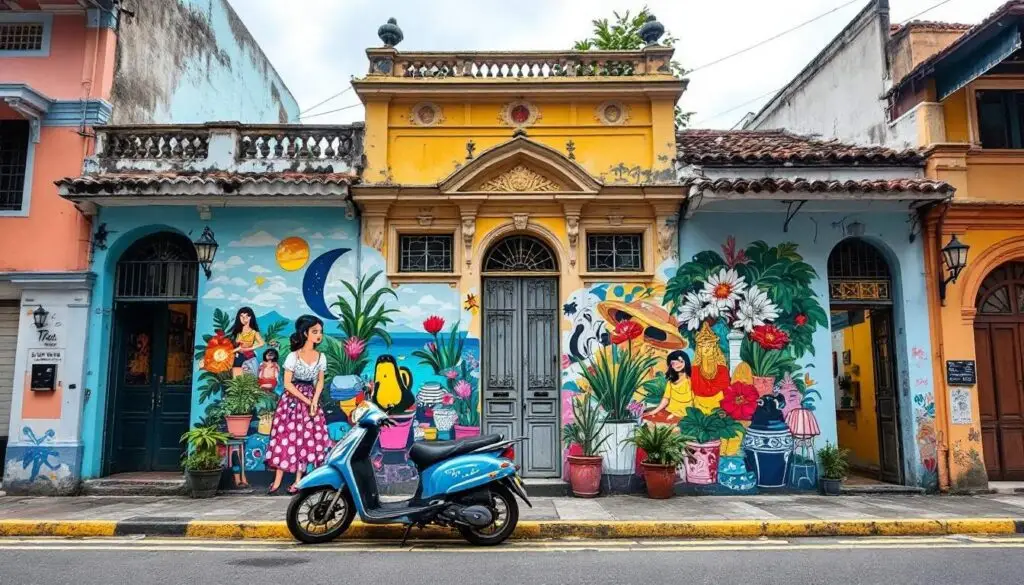 A photograph of capture a photograph of the vibrant street art and colorful heritage buildings in george town