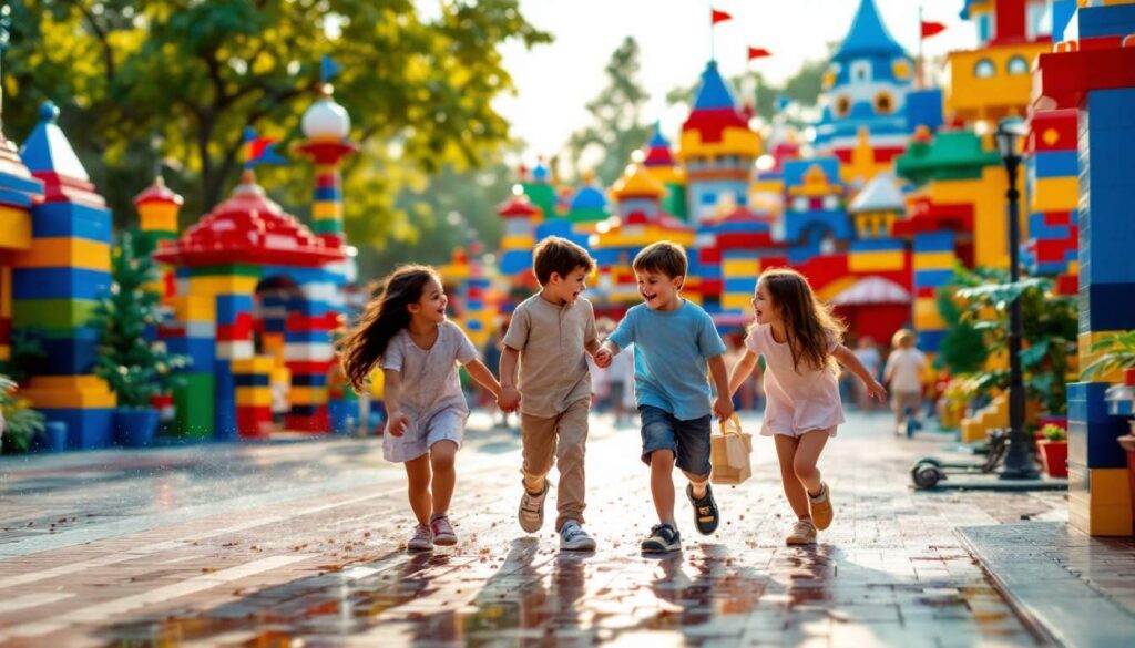 A photograph of a vibrant and dynamic scene showcasing families and children joyfully interacting with the colorful lego-themed attractions at legoland malaysia