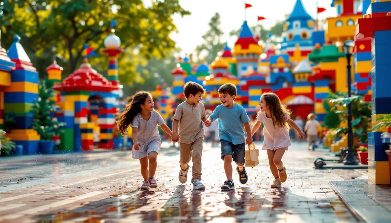 A photograph of a vibrant and dynamic scene showcasing families and children joyfully interacting with the colorful lego-themed attractions at legoland malaysia