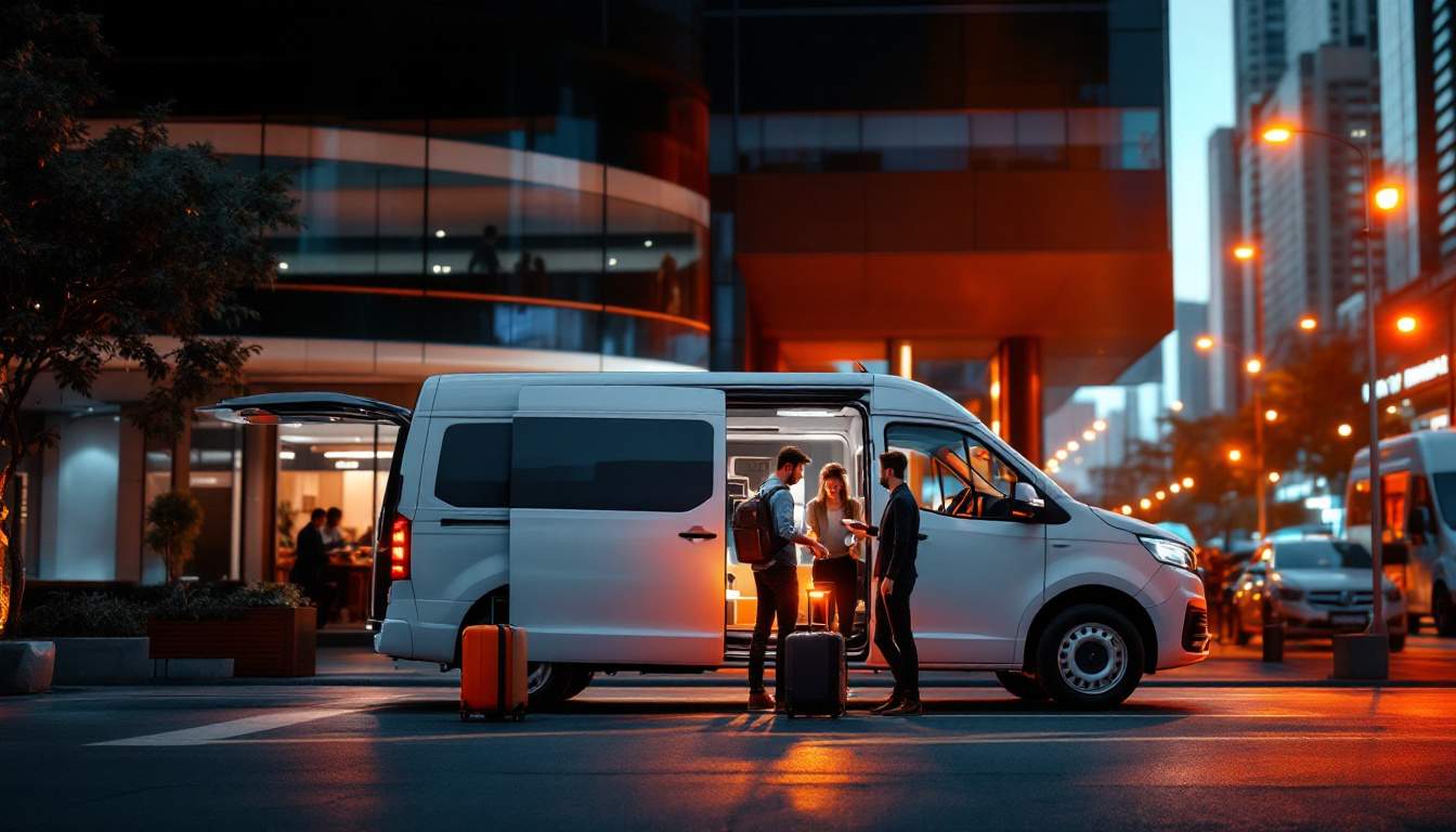 A photograph of a modern van parked in front of a bustling business district in malaysia