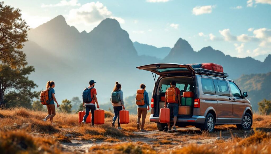 A photograph of a diverse group of travelers loading and unloading luggage from a spacious van in a scenic malaysian landscape