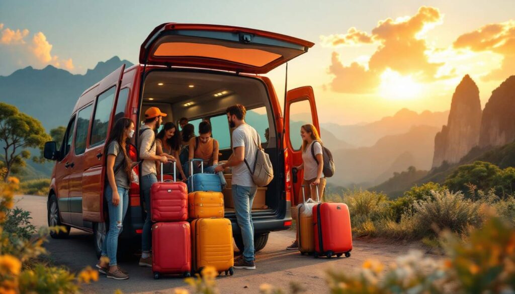 A photograph of capture a photograph of a diverse group of tourists loading their luggage into a spacious