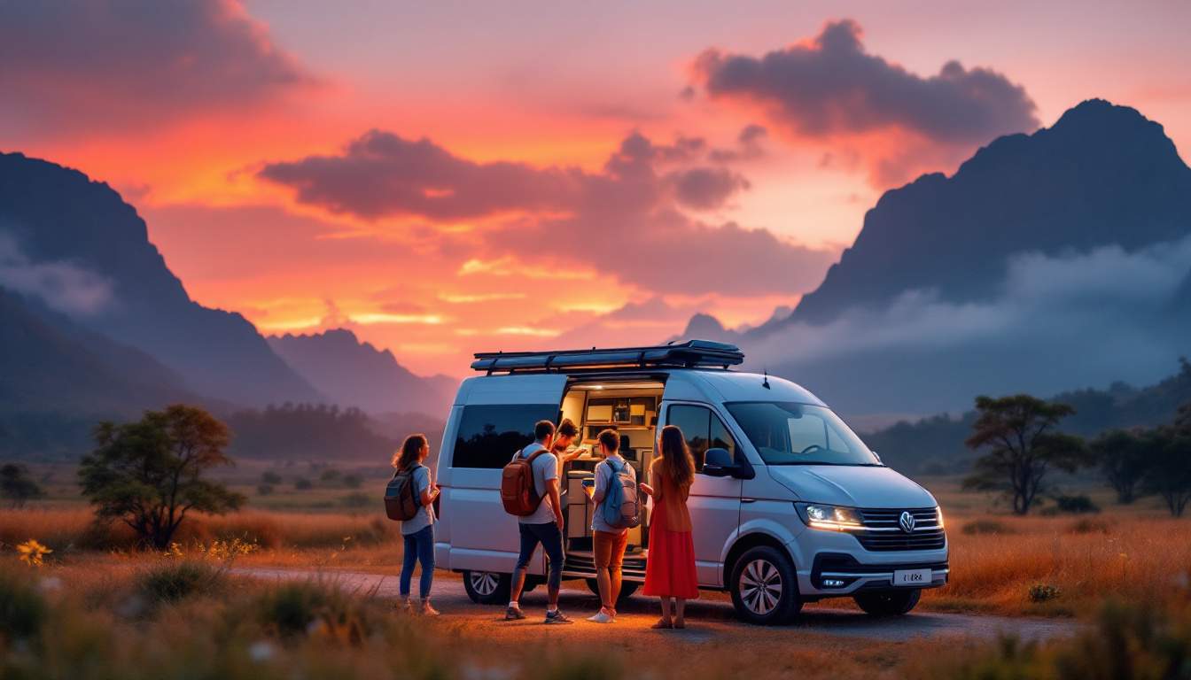 A photograph of a diverse group of travelers inspecting a rental van in a scenic malaysian landscape