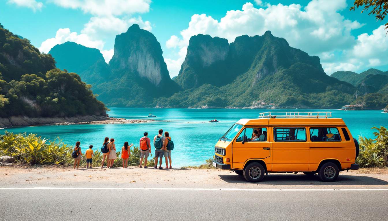 A photograph of a vibrant van parked against a stunning backdrop of one of malaysia's picturesque islands