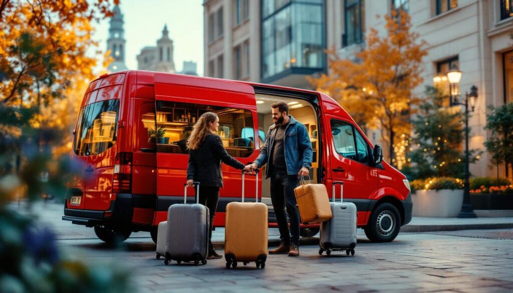 A photograph of a professional van driver assisting passengers with their luggage while showcasing a clean