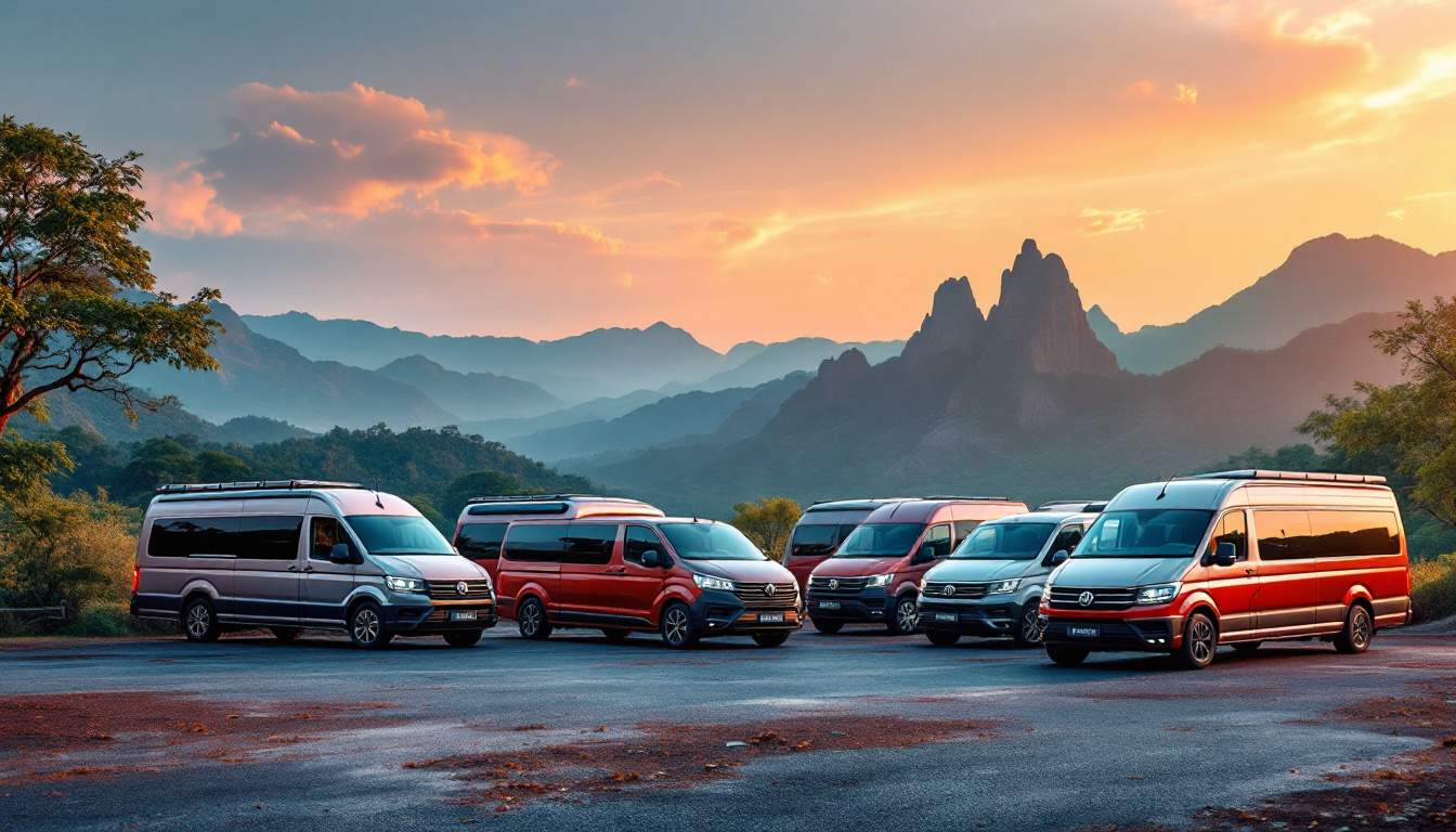 A photograph of a diverse selection of rental vans parked in a scenic malaysian location