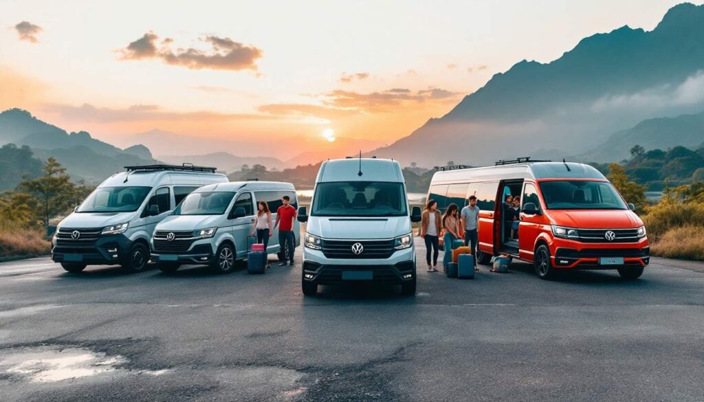 A photograph of a diverse range of vans parked in a scenic malaysian location