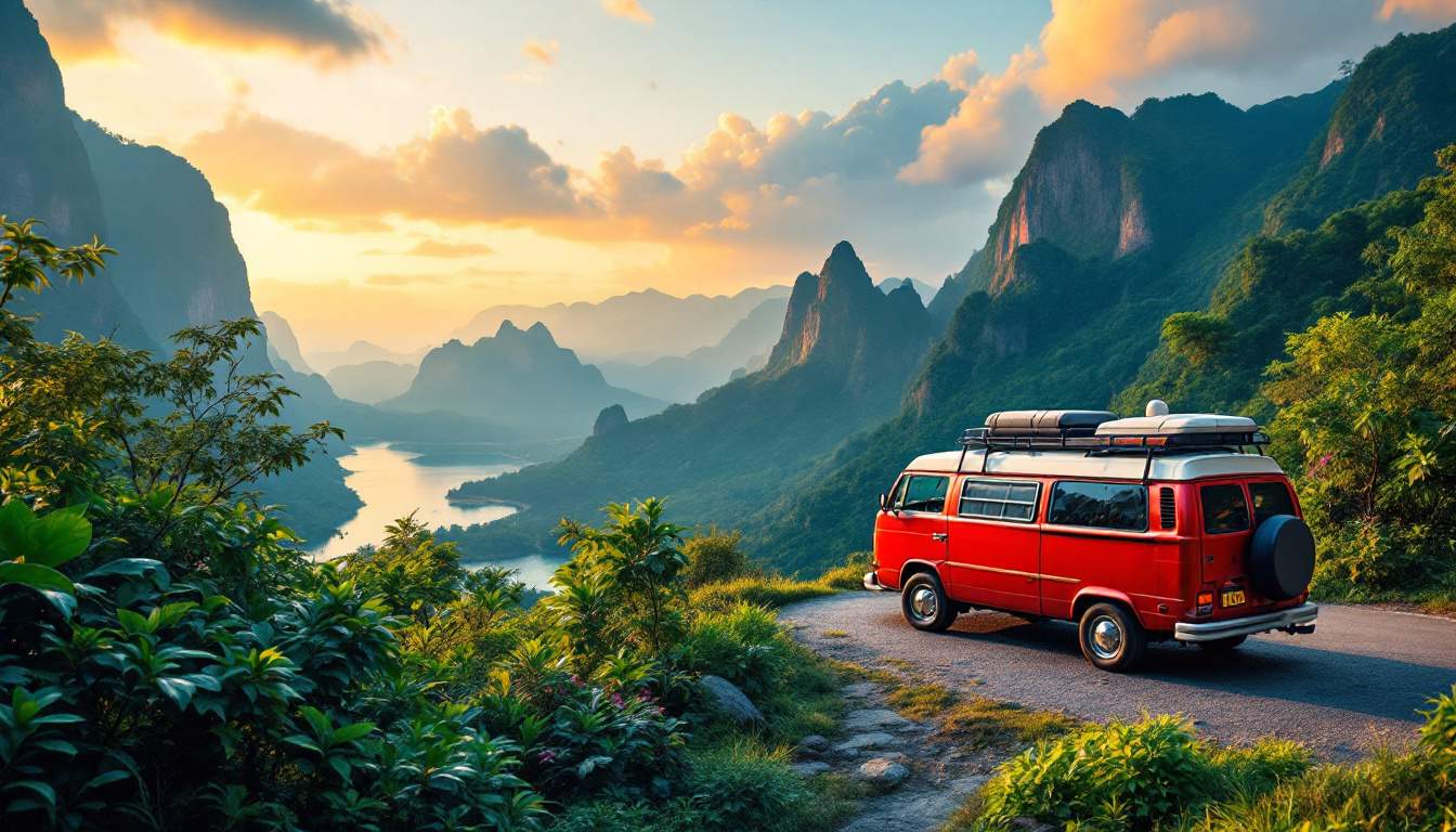 A photograph of a vibrant and scenic malaysian landscape featuring a stylish van parked in a picturesque location